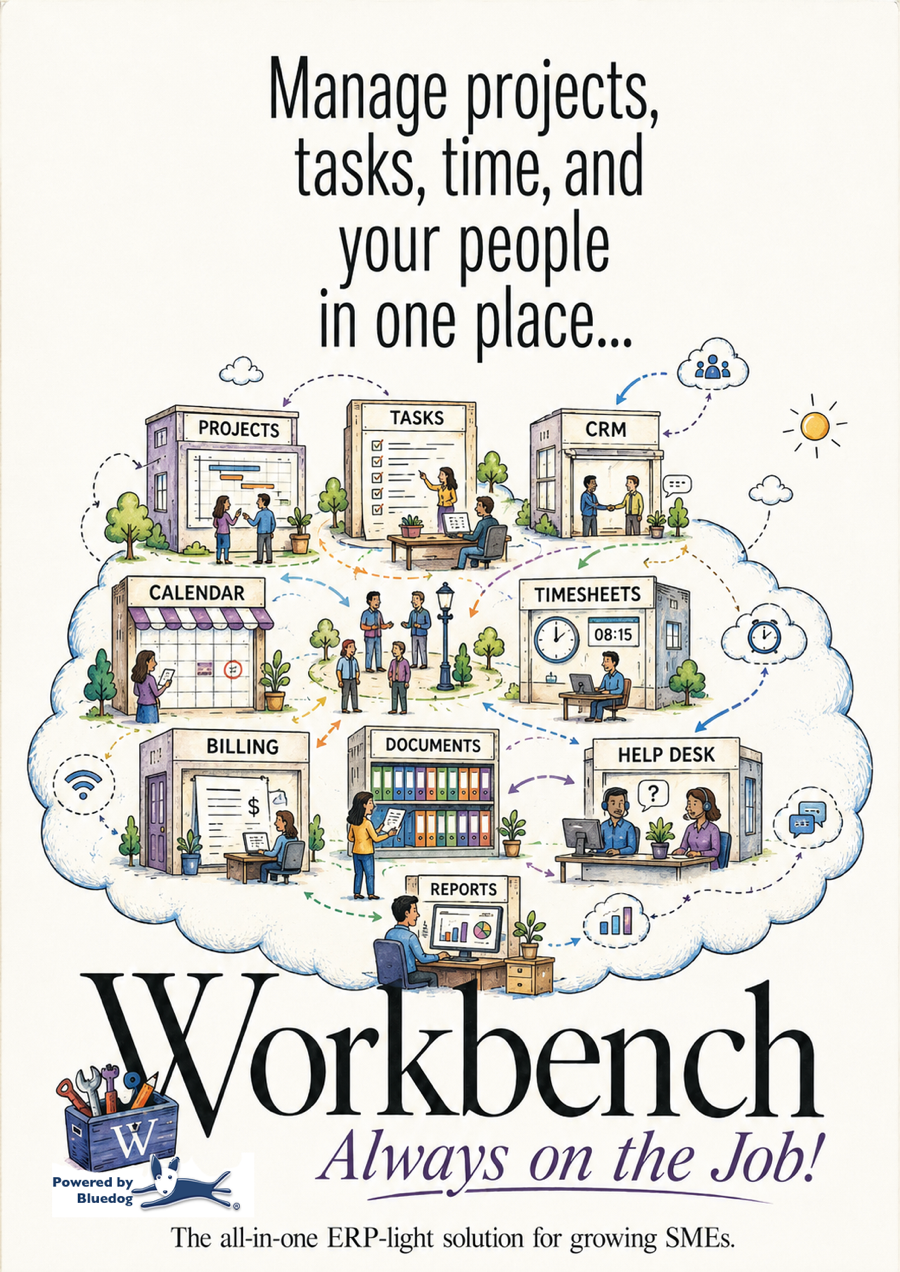 Workbench service-business view showing projects, tasks, CRM, timesheets, billing, documents and help desk.